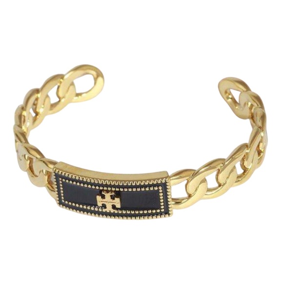 TORY BURCH • Black Milgrain Logo Cuff Bracelet - Picture 5 of 7